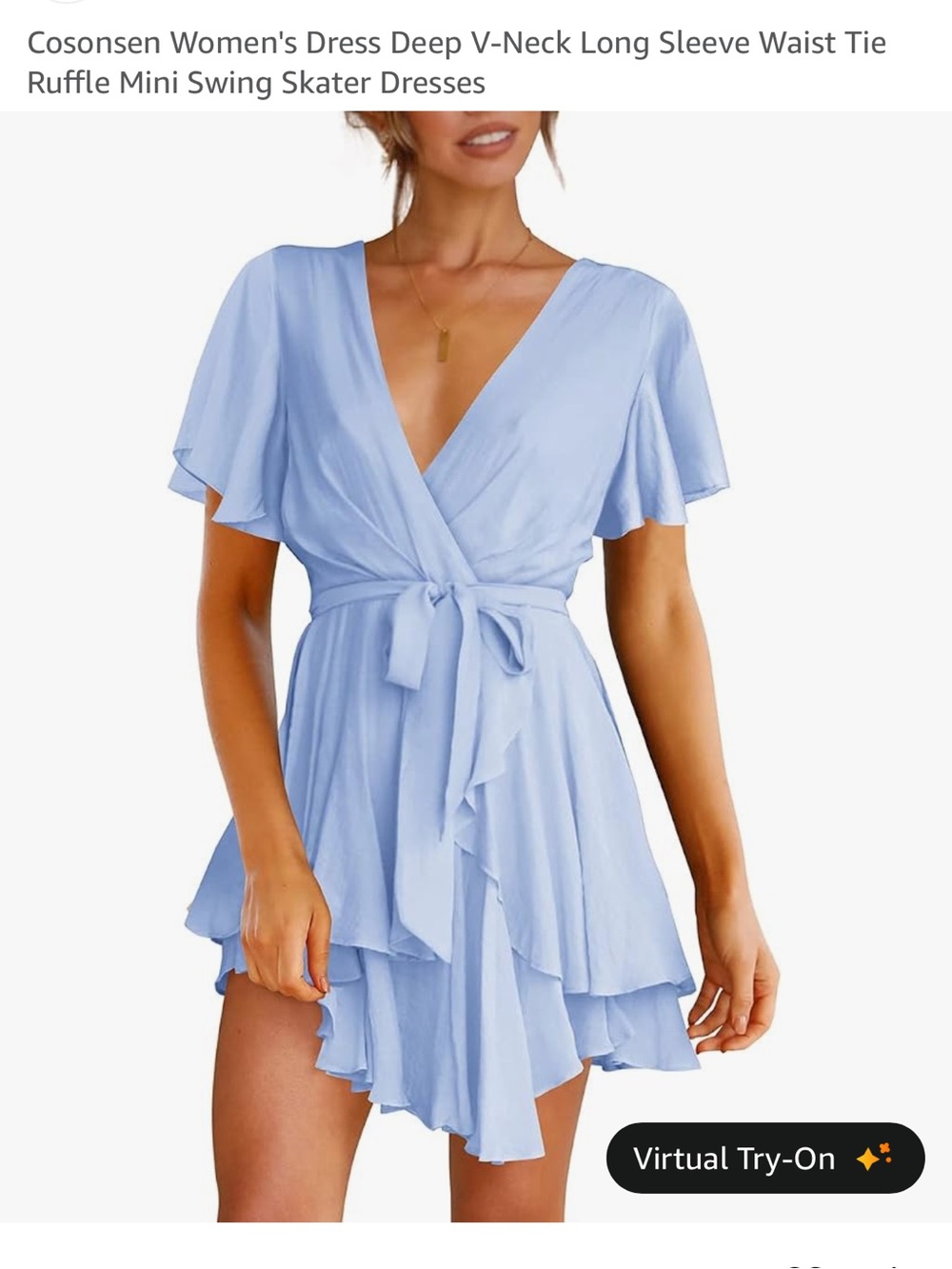 Light Blue V-Neck Ruffle Tie-Waist Mini Dress from Amazon size XS